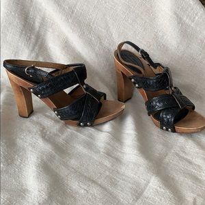 Frye Wood & Black Leather Heel Shoes Size 7.5